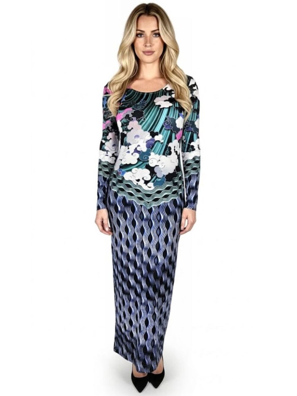 Mary Katrantzou Cloud Print Long Sleeve Jersey Bodycon Midi Dress Womens Size XS
